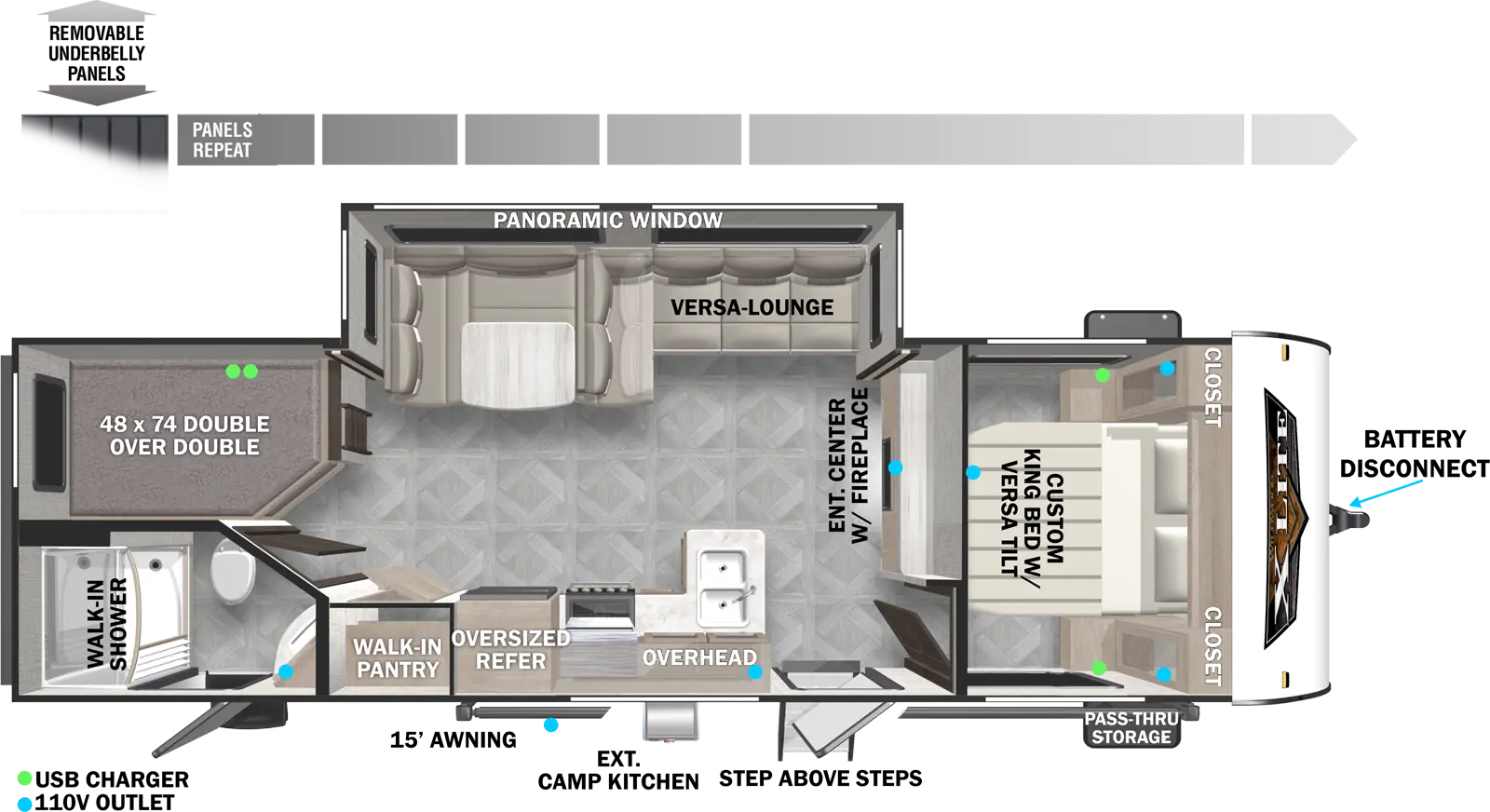 The 263BHXL has one slideout and two entries. Exterior features include a 15 foot awning, exterior camp kitchen, step above front entry steps, front pass-thru storage, battery disconnect, and removable underbelly panels. Interior layout front to back: versa-tilt custom king bed with closets on each side; entertainment center with fireplace along inner wall; off-door side slideout with versa lounge/u-dinette and panoramic window; door side entry, and kitchen with peninsula countertop sink, overhead cabinets, oversized refrigerator, and walk-in pantry; rear off-door side double over double bunks; rear door side full bathroom with walk-in shower and second entry.